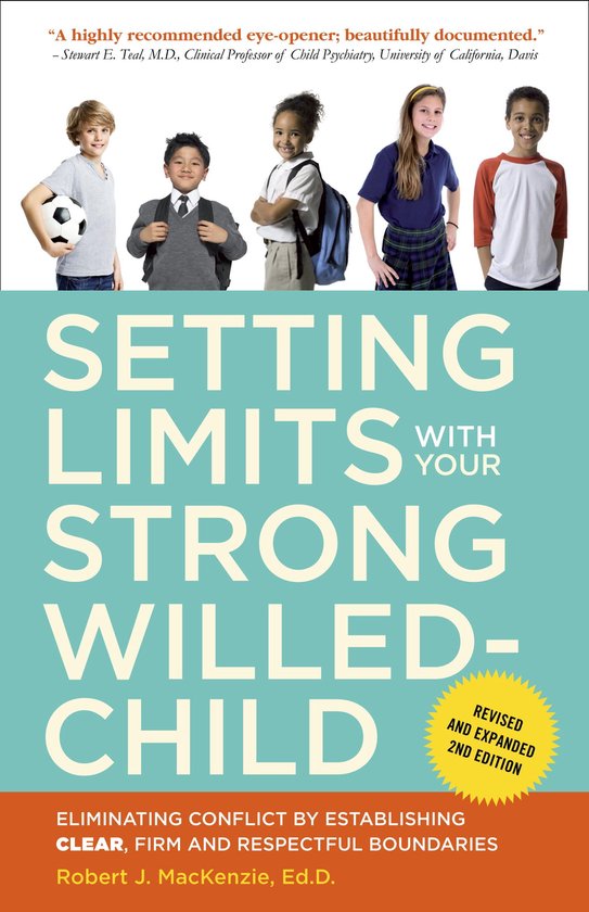 Couverture de livre intitulée 'Setting Limits with Your Strong-Willed Child'. Cinq enfants se tiennent au-dessus du titre.