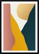 Poster Abstract Grafisch 'De Bergvallei' - Goud, roze, geel & blauw - Kunst Print