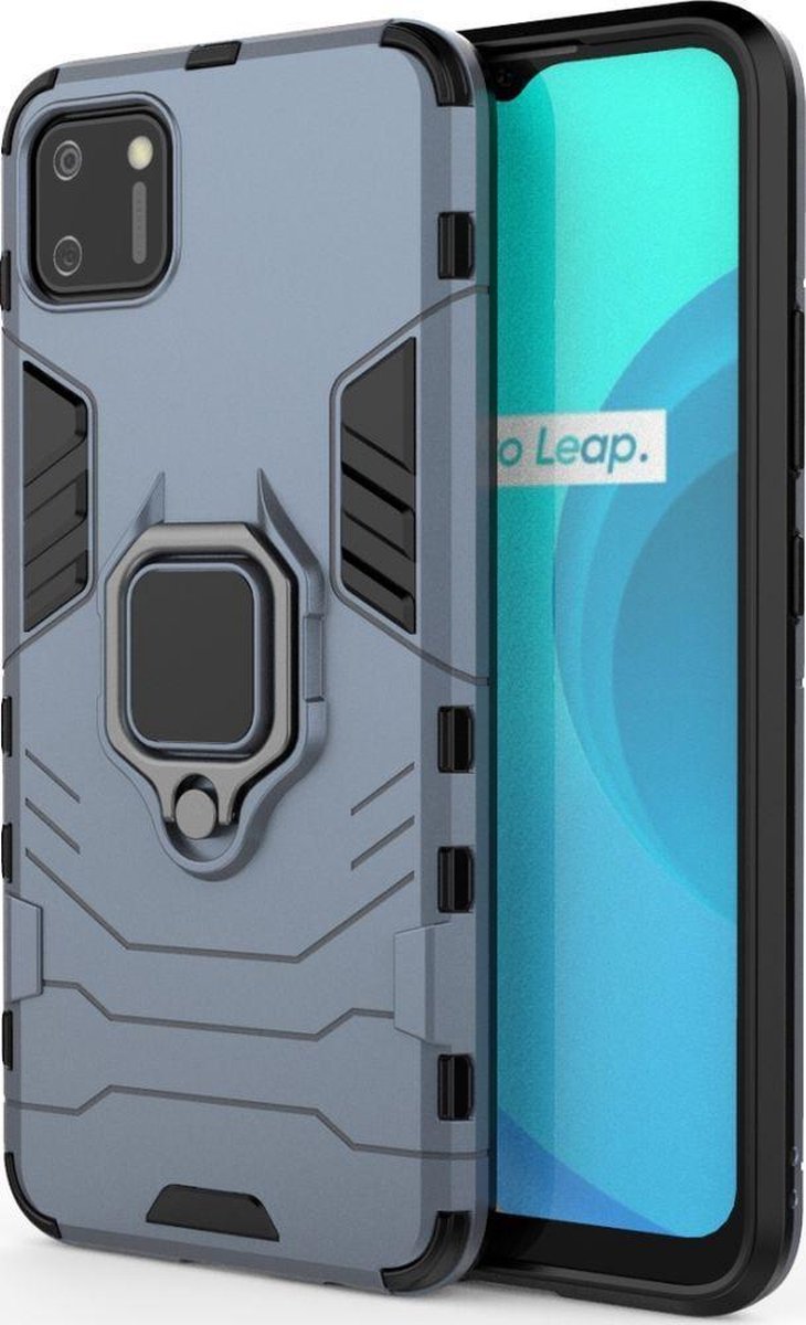 Mobigear Hoesje geschikt voor Realme C11 (2020) Telefoonhoesje Hardcase | Mobigear Armor Ring Backcover Shockproof met Ringhouder | Schokbestendig C11 (2020) Telefoonhoesje | Anti Shock Proof - Blauw