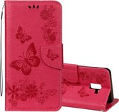 Voor Galaxy A8 + (2018) Vintage reliÃ«f bloemen vlinderpatroon Horizontale flip lederen tas met kaartsleuf en houder & portemonnee en lanyard (rood)