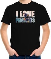 Tekst shirt I love penguins met dieren foto van een pinguin zwart voor kinderen - cadeau t-shirt pinguins liefhebber - kinderkleding / kleding S (122-128)