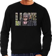 Tekst sweater I love chimpanzee monkeys met dieren foto van een chimpansee aap zwart voor heren - cadeau trui apen liefhebber L