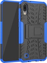 Schokbestendige PC + TPU-bandenpatroonbehuizing voor Galaxy M10, met houder (blauw)