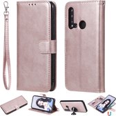 Voor huawei nova 5i effen kleur horizontale flip beschermhoes met houder & kaartsleuven & portemonnee & fotolijst & lanyard (rose goud)