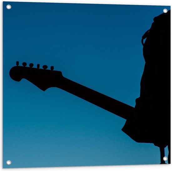Tuinposter – Silhouet van Gitarist op Blauwe Achtergrond - 80x80cm Foto op Tuinposter  (wanddecoratie voor buiten en binnen)