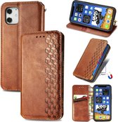 Voor iPhone 12 Pro Max Cubic Grid Pressed Horizontal Flip Magnetic PU Leather Case met houder & kaartsleuven & portemonnee (bruin)