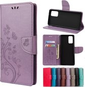 Voor Samsung Galaxy Note20 Butterfly Flower Embossing Horizontale Flip Leather Case met houder & kaartsleuven & portemonnee (lichtpaars)