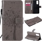 Voor Huawei Honor 30 Pro Tree & Cat reliÃ«fpatroon Horizontale flip lederen tas met houder & kaartsleuven & portemonnee & lanyard (grijs)