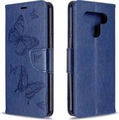 Voor LG K51 Two Butterflies Embossing Pattern Horizontale Flip Leather Case met houder & kaartsleuf & portemonnee & Lanyard (donkerblauw)