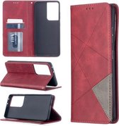 Voor Samsung Galaxy S21 Ultra 5G Rhombus Texture Horizontale Flip Magnetische Leren Case met Houder & Kaartsleuven (Rood)