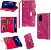 Voor Samsung Galaxy S20 Multi-kaartsleuven Sterrenhemel Lasergravure Glitter Rits Horizontale Flip Leren Case met Houder & Portemonnee & Lanyard (Rose Rood)