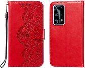 Voor Huawei P40 Pro + Flower Vine Embossing Pattern Horizontale Flip Leather Case met Card Slot & Holder & Wallet & Lanyard (Red)