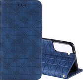 Voor Samsung Galaxy S21 5G Lucky Flowers Embossing Pattern Magnetische Horizontale Flip Leather Case met houder & kaartsleuven (donkerblauw)