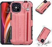 Voor iPhone 12 mini stoffen textuur + TPU schokbestendige beschermhoes met metalen ring & houder & kaartsleuven & ophangriem (roze)