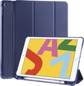 Voor iPad 10,2 inch 3-vouw horizontaal Flip PU-leer + schokbestendig TPU-hoesje met houder en pennensleuf (donkerblauw)