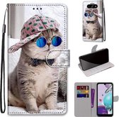 Voor LG Aristo 5 / K31 Gekleurde Tekening Cross Textuur Horizontale Flip PU Lederen Case met Houder & Kaartsleuven & Portemonnee & Lanyard (Slant Hat Blue Mirror Cat)