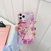 Plating Splicing Pattern Soft TPU beschermhoes met standaard Ringhouder voor iPhone 11 Pro Max (stiksels paarse bloemen)