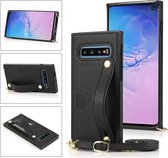 Voor Samsung Galaxy S10e polsband PU + TPU schokbestendig beschermhoes met crossbody lanyard & houder & kaartsleuf (zwart)