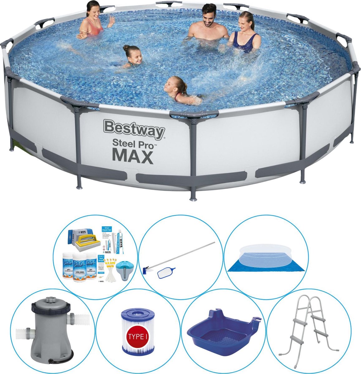 Steel Pro MAX Rond 366x76 cm - 8-delig - Zwembad Inclusief Accessoires