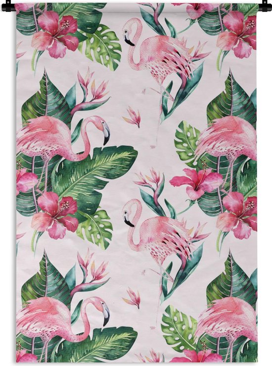 Tapisserie FlamingoChristmas Illustrations - Motif de flamants roses et feuilles et fleurs sur fond blanc Tapisserie coton 90x135 cm - Tapisserie avec photo