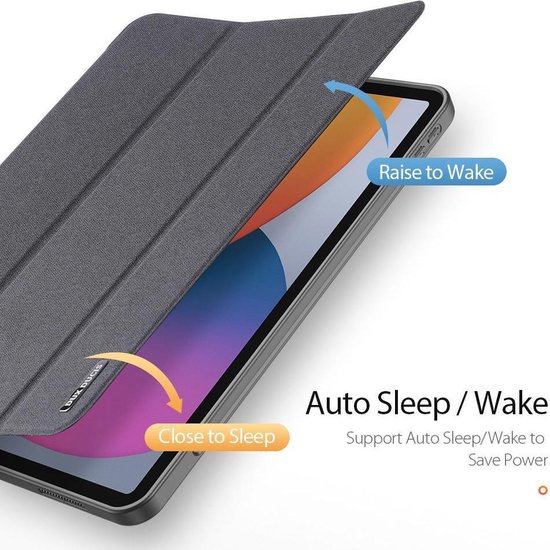 Grijze tri-fold hoes toont auto slaap/wake functie, met "Close to Sleep" en "Raise to Wake" animaties.
