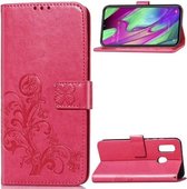 Lucky Clover Pressed Flowers Pattern Leather Case voor Galaxy A40, met houder & kaartsleuven & portemonnee & draagriem (Rose Red)