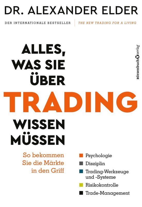 Boek "Alles, wat u moet weten over trading". Met de ondertitels "Psychologie", "Discipline", "Trading-tools en -systemen", "Risicocontrole" en "Trade Management".