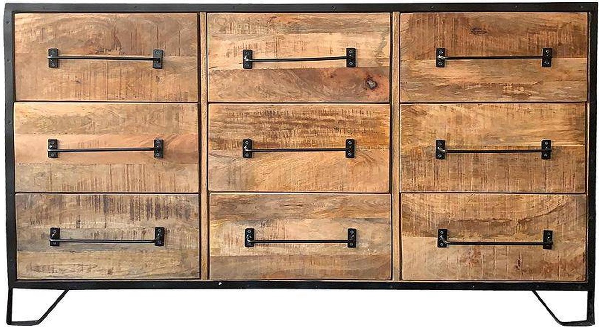 Mangohouten Dressoir Baltimore 160 cm 9 laden Mahom Industrieel - Dressoir van Mangohout & Metaal - Industriële Dressoir