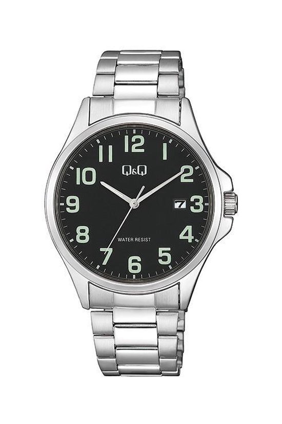 Q&Q A480J205Y - Horloge - Analoog - Mannen - Heren - stalen band - Rond - Staal - Cijfers - Datumaanduiding - Zilverkleurig - Zwart