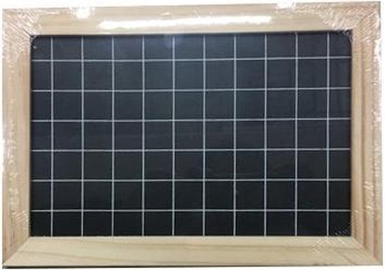 Zwart schoolbord met houten rand en raster, 18x26cm.