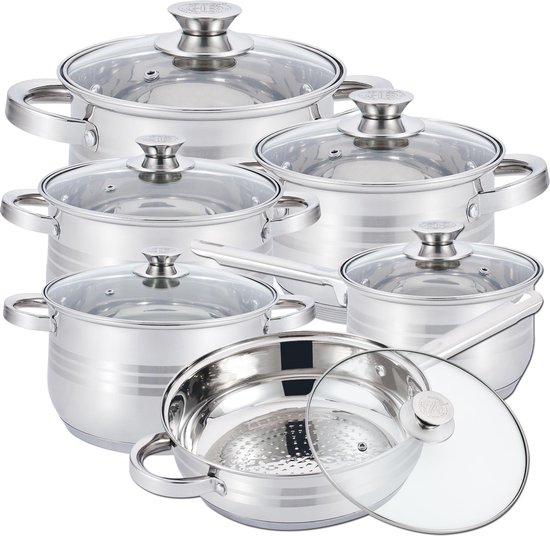 Pannenset – 12-Delig – Voor Inductie en Gas – Vaatwasser Bestendig – RVS met Glazen Deksels