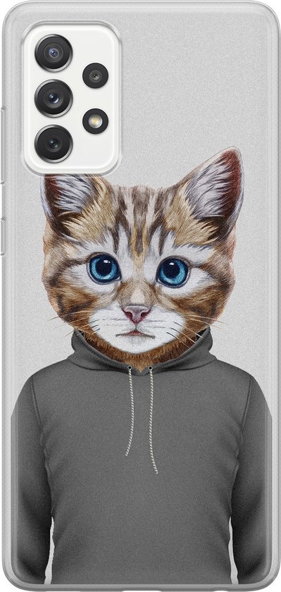 Coque transparente avec un chat mignon aux yeux bleus, portant un sweat à capuche gris.