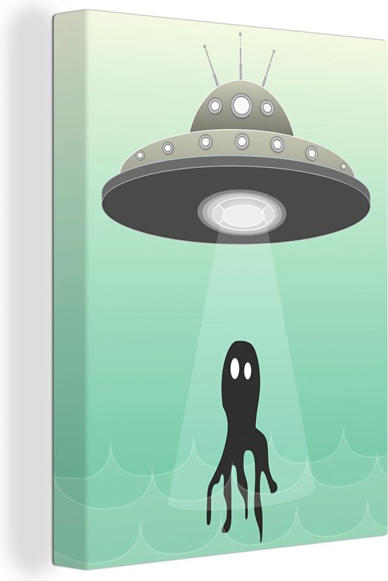Canvas Schilderij Een illustratie van een UFO die een octopus ontvoeren - Jongens - Meisjes - Kinderen - Kids - 30x40 cm - Wanddecoratie