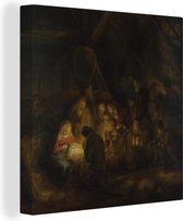 Canvas Schilderij Aanbidding van de herders - Schilderij van Rembrandt van Rijn - 20x20 cm - Wanddecoratie
