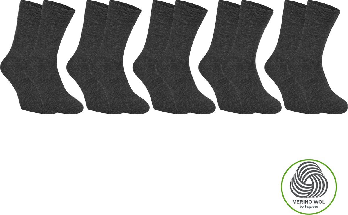 Sorprese 5 Paar Merino Wollen Sokken - Maat 46-47 - Antraciet - Naadloos - Superzacht - Sokken Heren - Sokken Dames - Naadloos - Cadeau