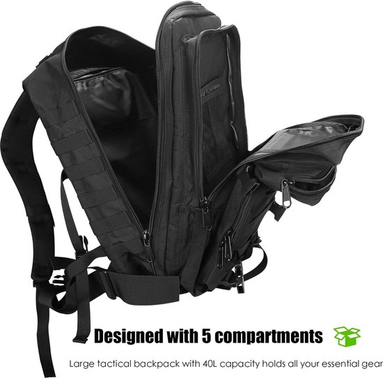 ZEUZ Sac à Dos Tactique 45L – Fitness, CrossFit, Militaire, Avec 4 Compartiments, Housse Pluie, Noir Camo