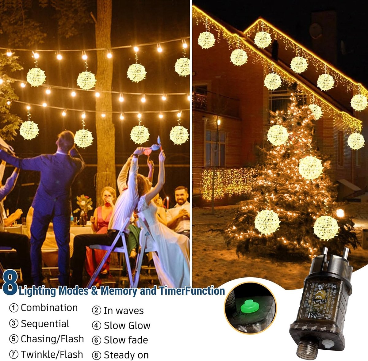 Lights4fun Lichtsnoer met 20 ledlampen, warmwit, stroom, voor binnen en