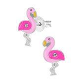Zilveren oorbellen meisje | Oorbellen kind | Zilveren oorstekers, roze flamingo met kristal