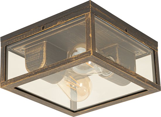 Vierkante plafondlamp met glazen zijkanten, gouden frame en twee zichtbare Edison-lampen.