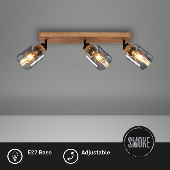 BRILONER - Plafondlamp - 2486035 - Zwenkbaar - E27 fitting - Rookglas - Gloeilamp niet inbegrepen - 50 x 11 x 11,5 cm - Zwart hout