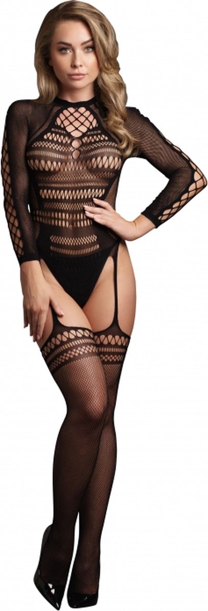 Shots - Le Désir DES059BLKOS - Bodystocking with Long Sleeves and Short Tneck - OS - Black O/S