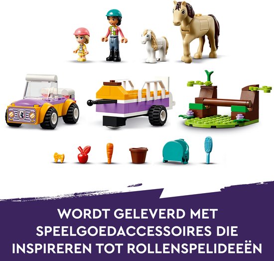 Set de remorque à chevaux LEGO Friends avec chevaux, poney, figurines, voitures et accessoires de jeu.