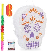 Relaxdays 4-delige pinata set - doodshoofd - confetti - blinddoek - pinatastok - doodskop