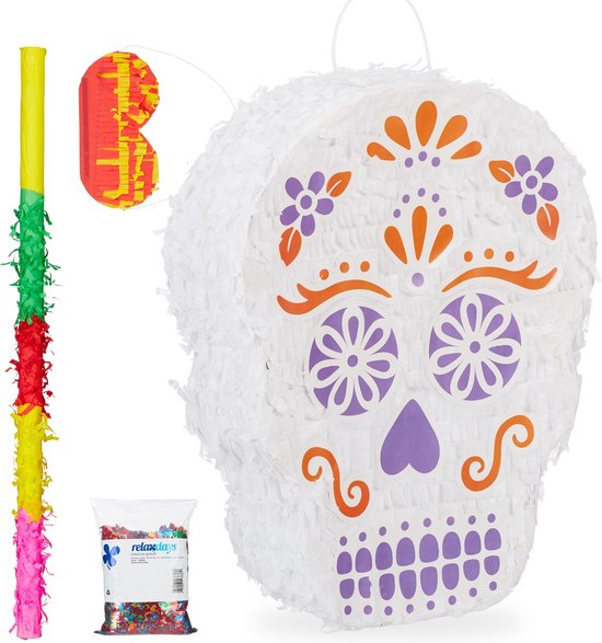 Foto: Relaxdays 4 delige pinata set doodshoofd confetti blinddoek pinatastok doodskop