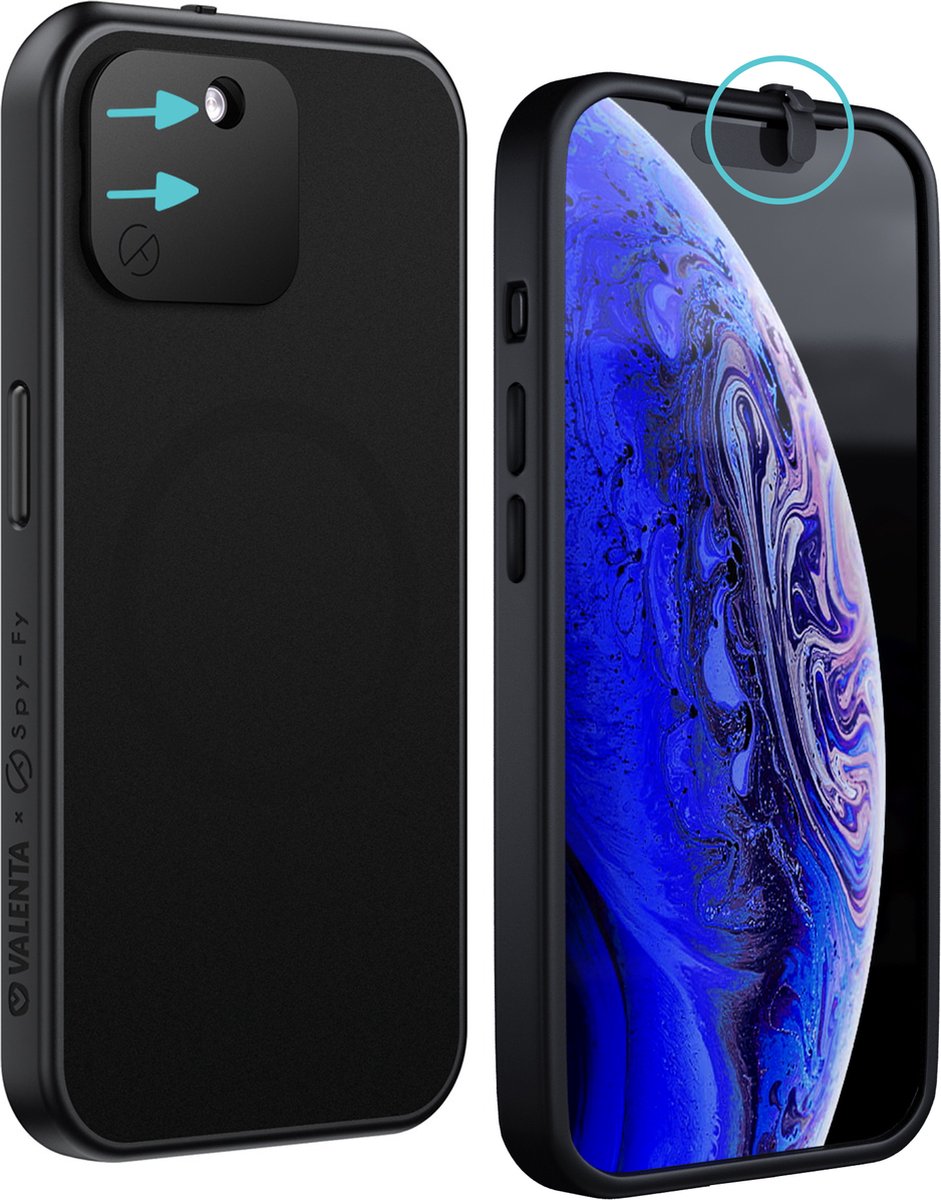 Valenta x Spy-Fy - iPhone 15 Plus Hoesje met Camera Covers aan Voor- én Achterkant | Beschermt je Privacy en je Camera’s | Valenta Privacy Case Zwart