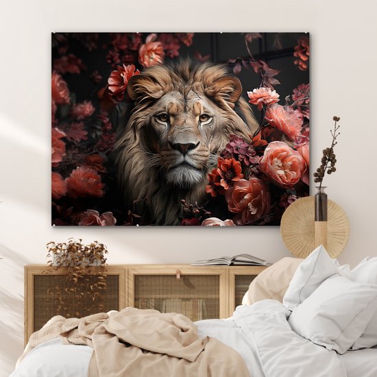 MuchoWow® Glasschilderij 120x90 cm - Schilderij acrylglas - Leeuw - Dier - Natuur - Botanisch - Bloemen - Roze - Foto op glas - Muurdecoratie woonkamer - Wanddecoratie slaapkamer - Schilderijen