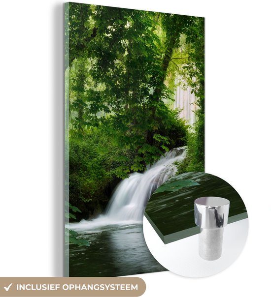 MuchoWow® Glasschilderij 40x60 cm - Schilderij acrylglas - Waterval - Natuur - Groen - Foto op glas - Schilderijen