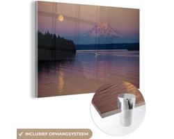 ® Glasschilderij 90x60 cm - Schilderij acrylglas - Een volle maan boven het Nationaal park Mount Rainier - Foto op glas - Muurdecoratie woonkamer - Wanddecoratie slaapkamer - Schilderijen