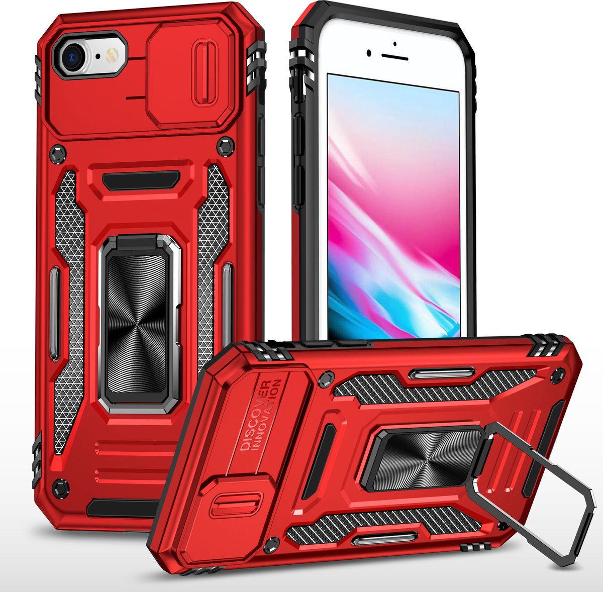 Podec Hoesje geschikt voor iPhone SE Rood Telefoonhoesje - Anti-Shock Case Cover Hybrid Armor Hoes met Kickstand Ring met Screenprotector