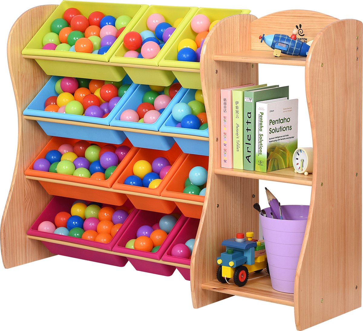 Meuble de rangement pour jouets colorés Montessori 2 en 1 à 6 bacs